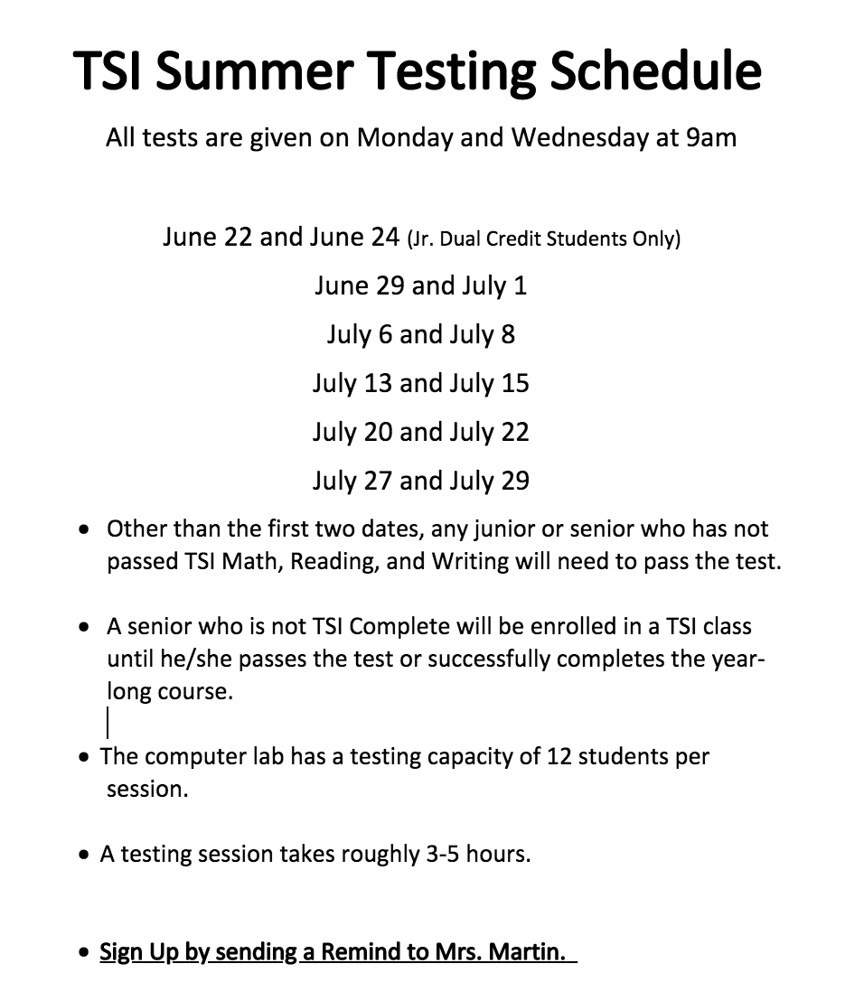 TSI test schedule